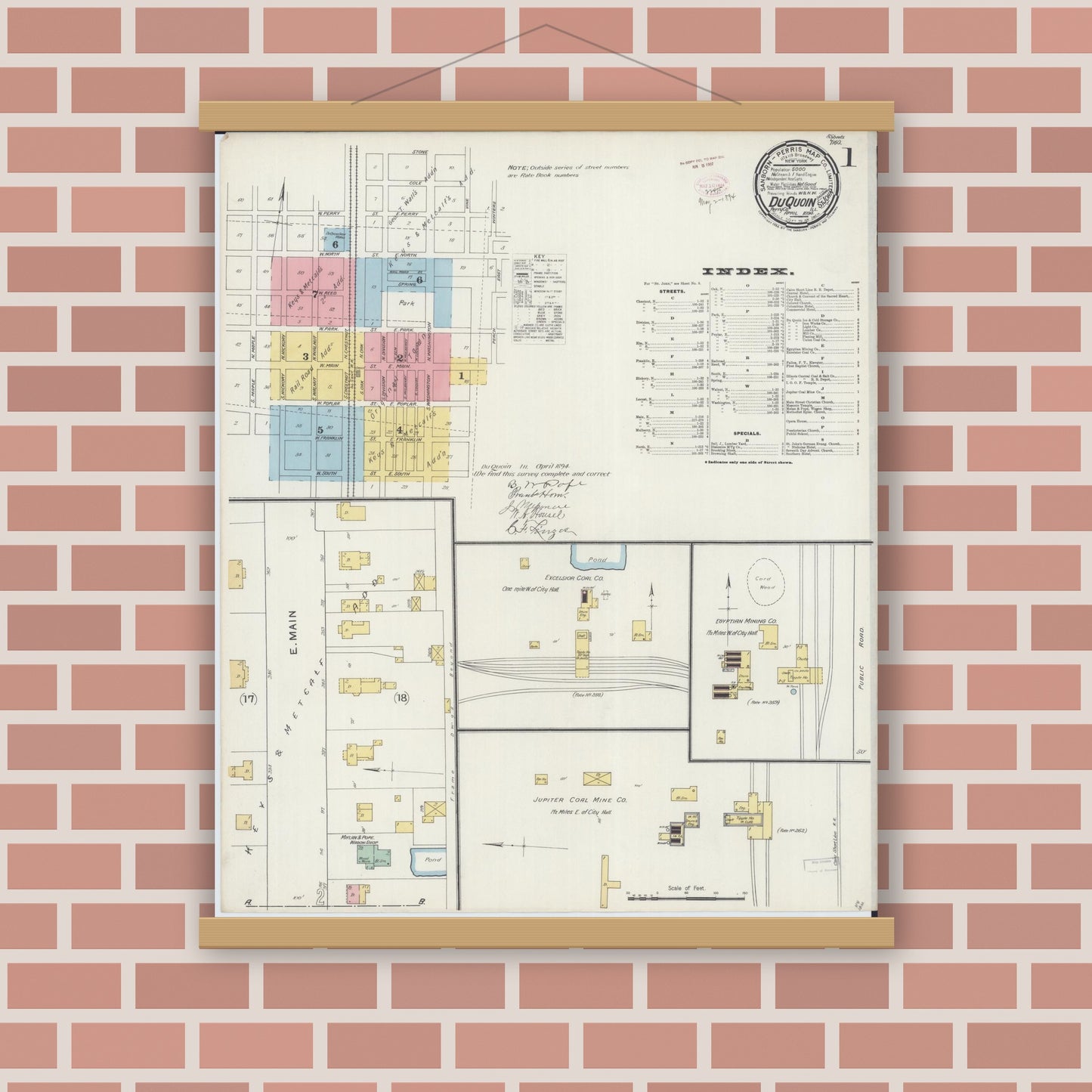 Old map wall art mockup — magnetic wood frame on brick wall — Sanborn Fire Insurance Map from Du Quoin, Perry County, Illinois (1894) - Complete Map Set