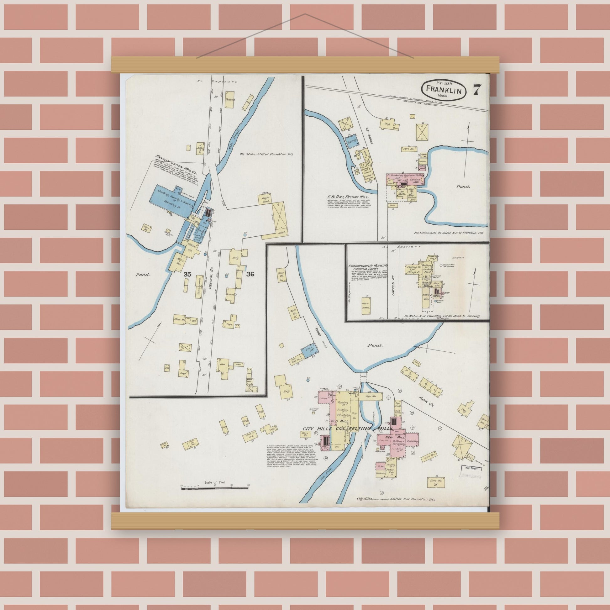 Old map wall art mockup — magnetic wood frame on brick wall — Sanborn Fire Insurance Map from Franklin, Norfolk County, Massachusetts (1889), Sheet #0007