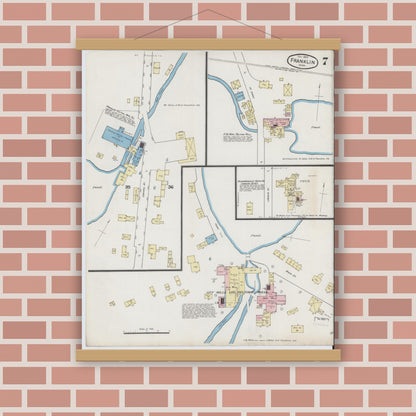 Old map wall art mockup — magnetic wood frame on brick wall — Sanborn Fire Insurance Map from Franklin, Norfolk County, Massachusetts (1889), Sheet #0007