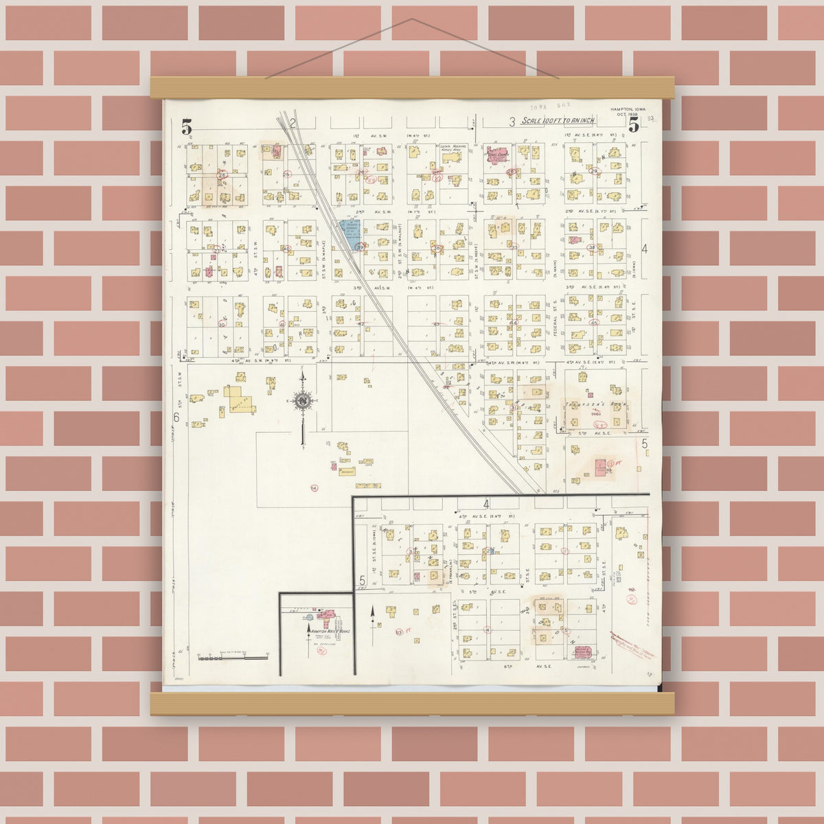 Old map wall art mockup — magnetic wood frame on brick wall — Sanborn Fire Insurance Map from Hampton, Franklin County, Iowa (1944), Sheet #0005