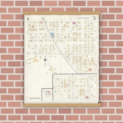 Old map wall art mockup — magnetic wood frame on brick wall — Sanborn Fire Insurance Map from Hampton, Franklin County, Iowa (1944), Sheet #0005