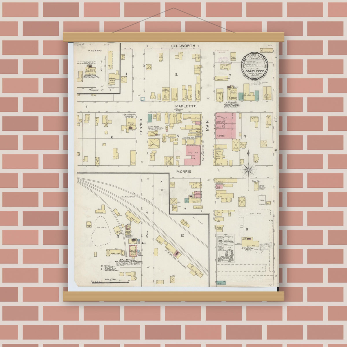 Old map wall art mockup — magnetic wood frame on brick wall — Sanborn Fire Insurance Map from Marlette, Sanilac County, Michigan (1893), Sheet #0001