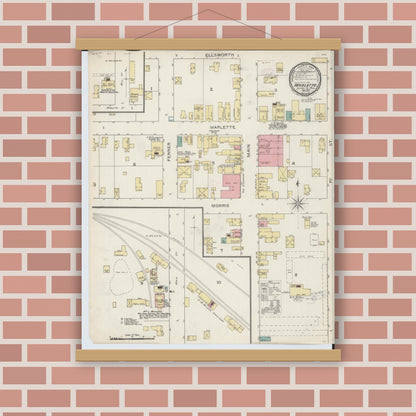 Old map wall art mockup — magnetic wood frame on brick wall — Sanborn Fire Insurance Map from Marlette, Sanilac County, Michigan (1893), Sheet #0001