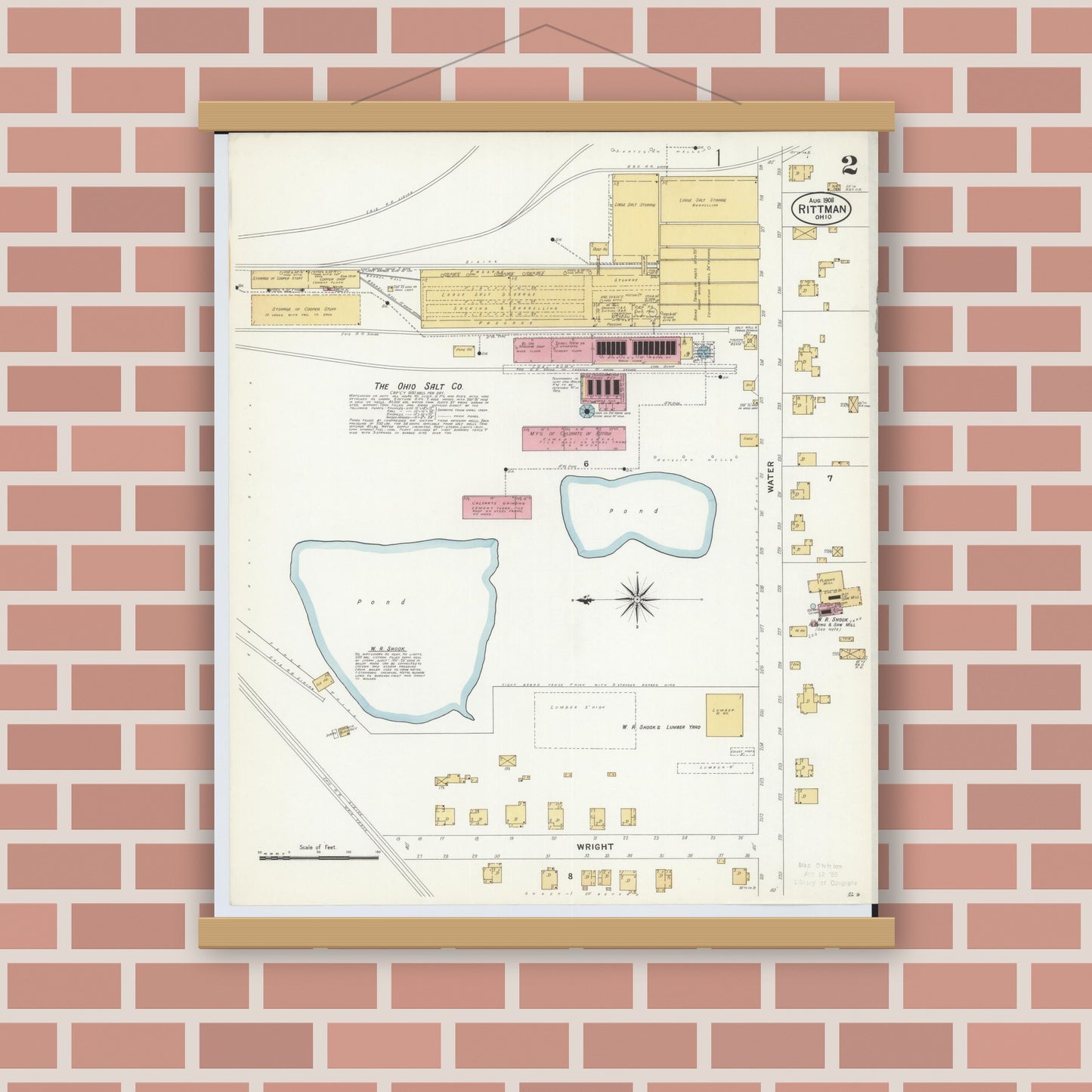 Old map wall art mockup — magnetic wood frame on brick wall — Sanborn Fire Insurance Map from Rittman, Wayne County, Ohio (1908), Sheet #0002