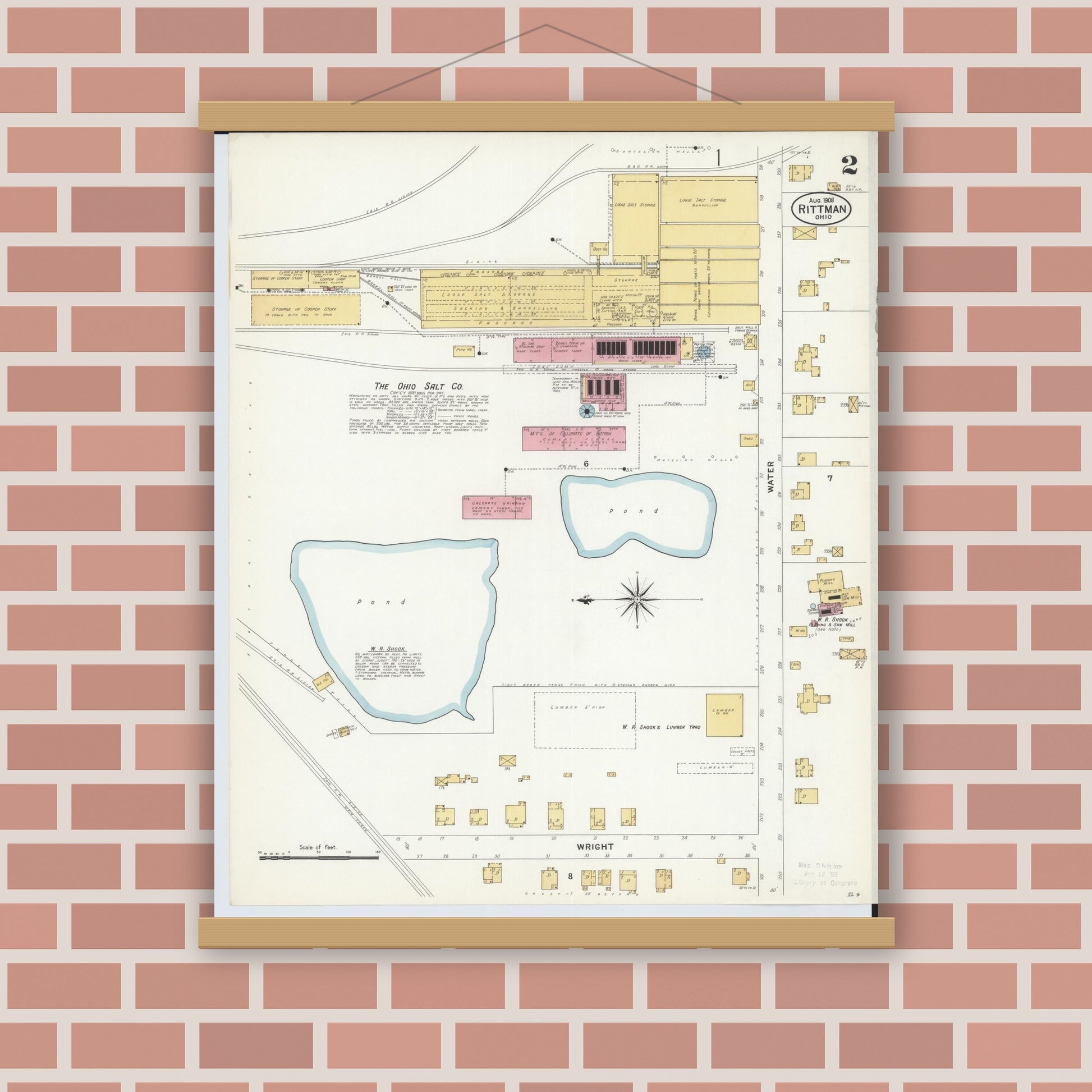 Old map wall art mockup — magnetic wood frame on brick wall — Sanborn Fire Insurance Map from Rittman, Wayne County, Ohio (1908), Sheet #0002