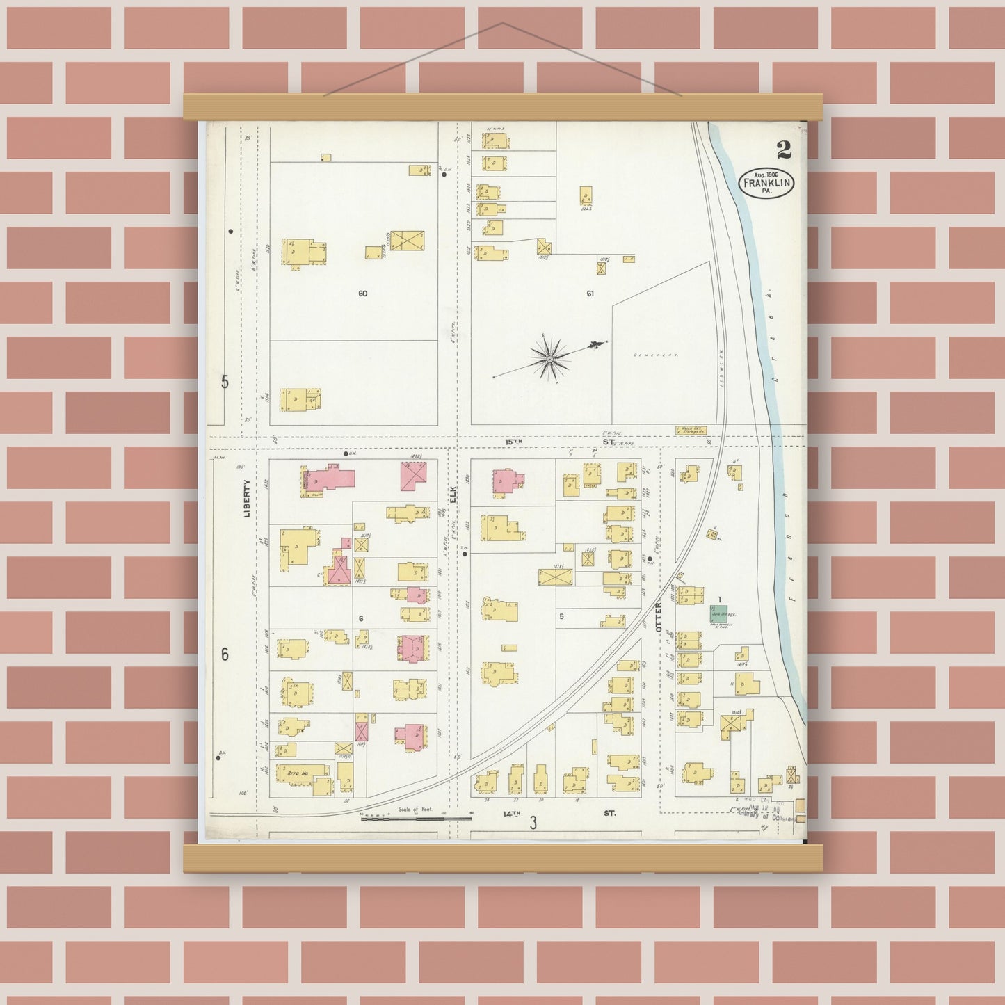 Old map wall art mockup — magnetic wood frame on brick wall — Sanborn Fire Insurance Map from Franklin, Venango County, Pennsylvania (1906), Sheet #0002