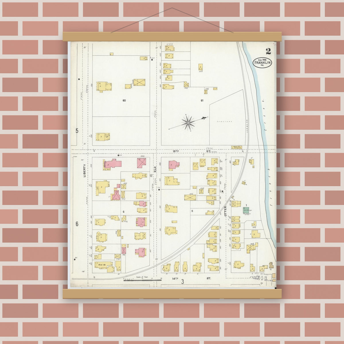 Old map wall art mockup — magnetic wood frame on brick wall — Sanborn Fire Insurance Map from Franklin, Venango County, Pennsylvania (1906), Sheet #0002