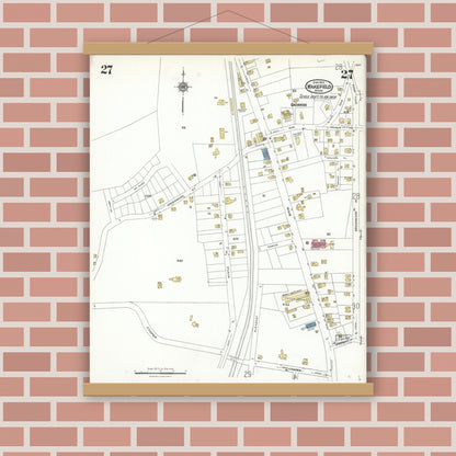 Old map wall art mockup — magnetic wood frame on brick wall — Sanborn Fire Insurance Map from Wakefield, Middlesex County, Massachusetts (1923), Sheet #0027