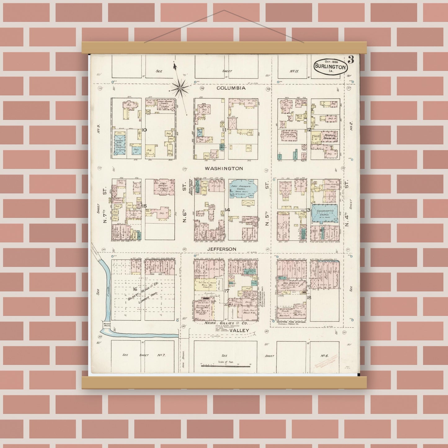 Old map wall art mockup — magnetic wood frame on brick wall — Sanborn Fire Insurance Map from Burlington, Des Moines County, Iowa (1888), Sheet #0003