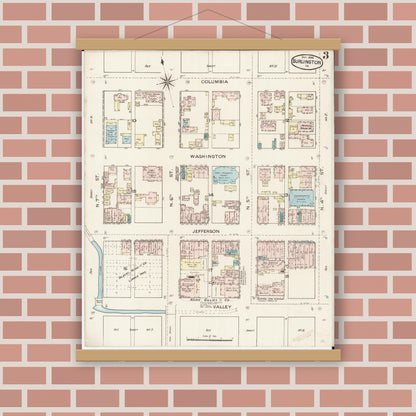 Old map wall art mockup — magnetic wood frame on brick wall — Sanborn Fire Insurance Map from Burlington, Des Moines County, Iowa (1888), Sheet #0003