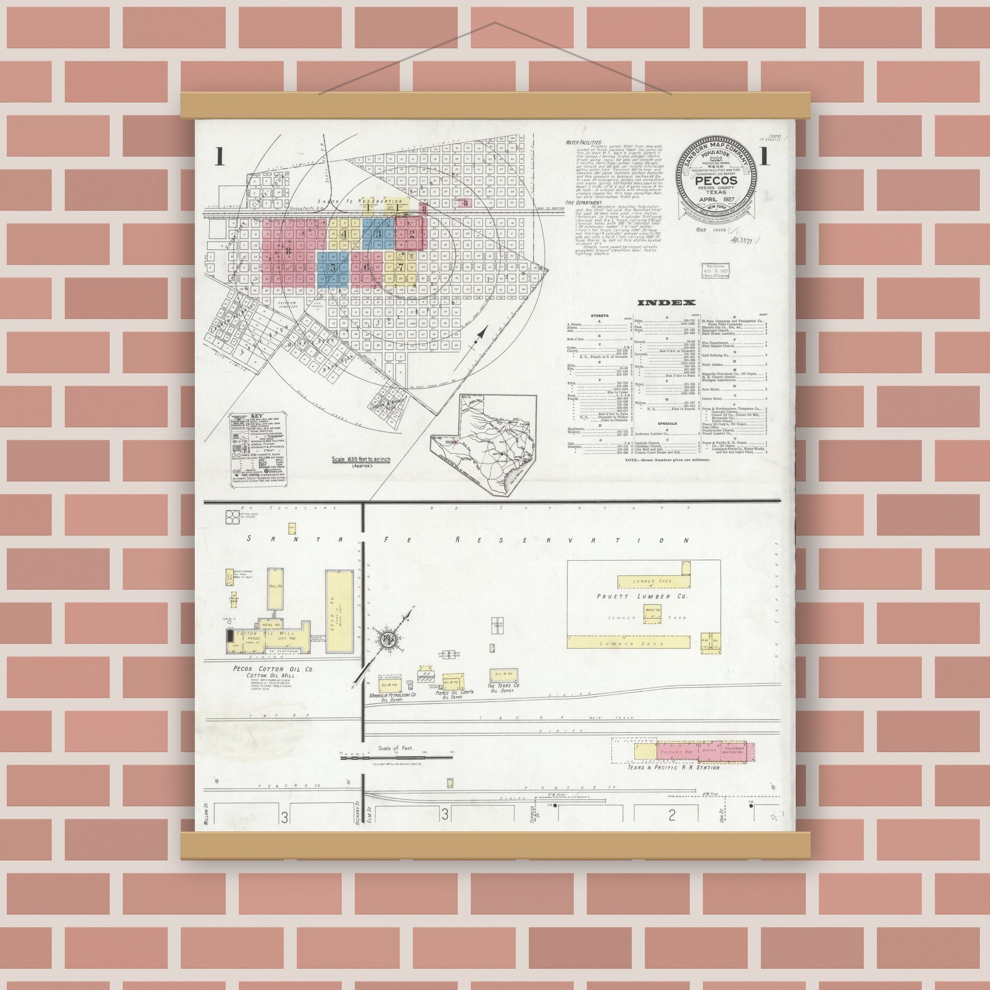 Old map wall art mockup — magnetic wood frame on brick wall — Sanborn Fire Insurance Map from Pecos, Reeves County, Texas (1927), Sheet #0001