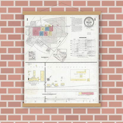 Old map wall art mockup — magnetic wood frame on brick wall — Sanborn Fire Insurance Map from Pecos, Reeves County, Texas (1927), Sheet #0001