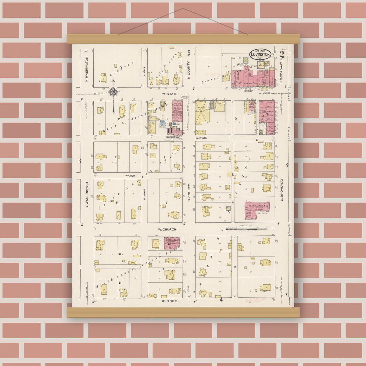 Old map wall art mockup — magnetic wood frame on brick wall — Sanborn Fire Insurance Map from Lovington, Moultrie County, Illinois (1922), Sheet #0002