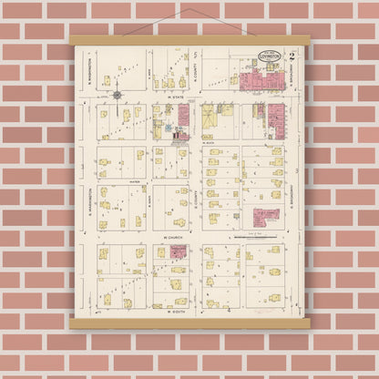 Old map wall art mockup — magnetic wood frame on brick wall — Sanborn Fire Insurance Map from Lovington, Moultrie County, Illinois (1922), Sheet #0002