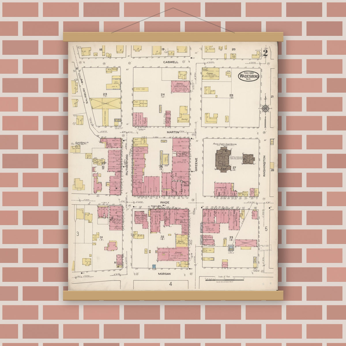 Old map wall art mockup — magnetic wood frame on brick wall — Sanborn Fire Insurance Map from Wadesboro, Anson County, North Carolina (1922), Sheet #0002