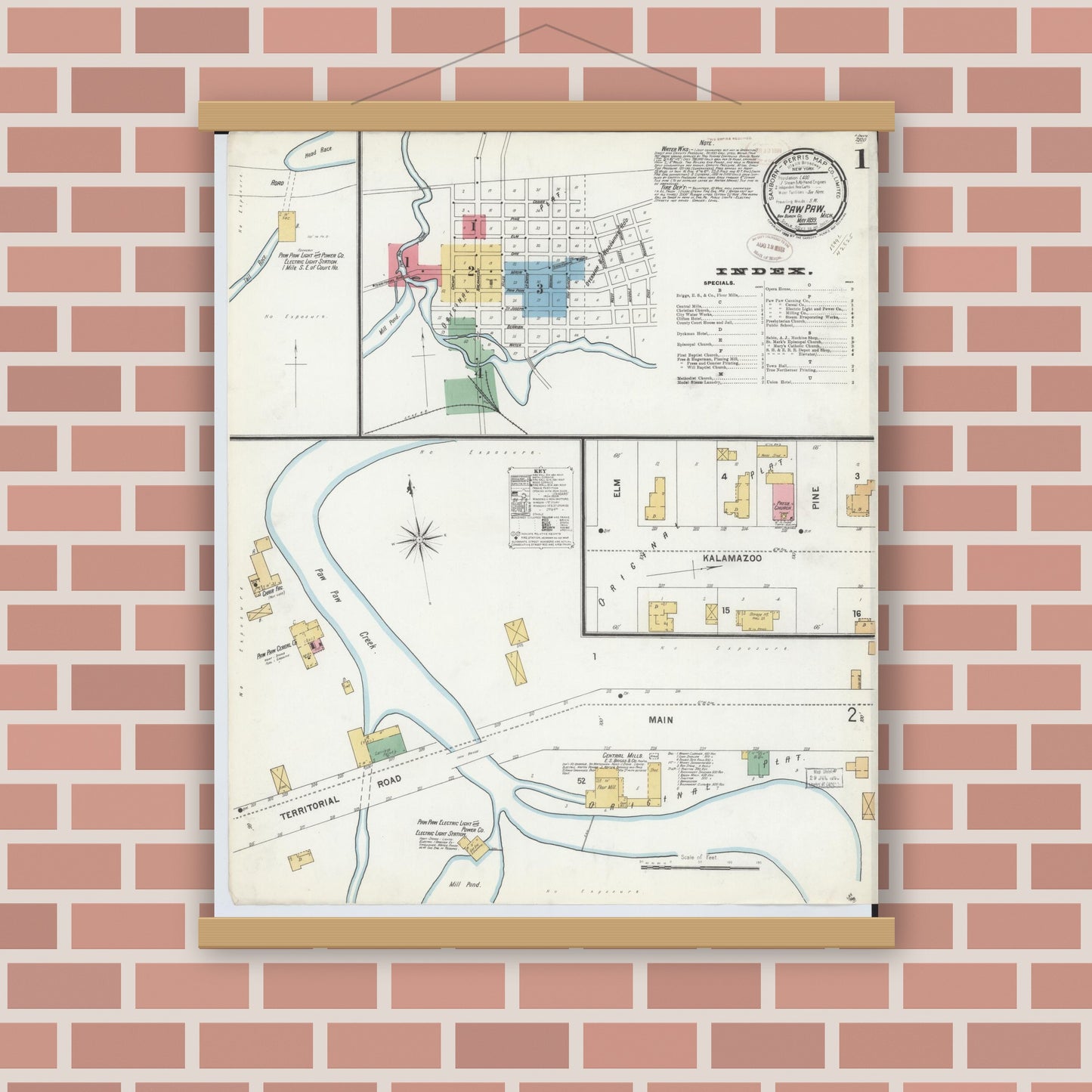 Old map wall art mockup — magnetic wood frame on brick wall — Sanborn Fire Insurance Map from Paw Paw, Van Buren County, Michigan (1899) - Complete Map Set
