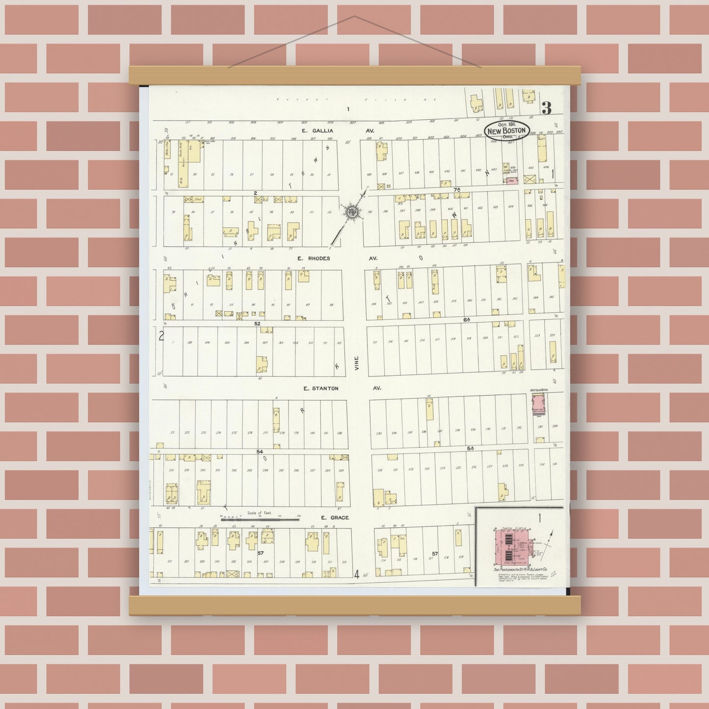 Old map wall art mockup — magnetic wood frame on brick wall — Sanborn Fire Insurance Map from New Boston, Scioto County, Ohio (1911), Sheet #0003