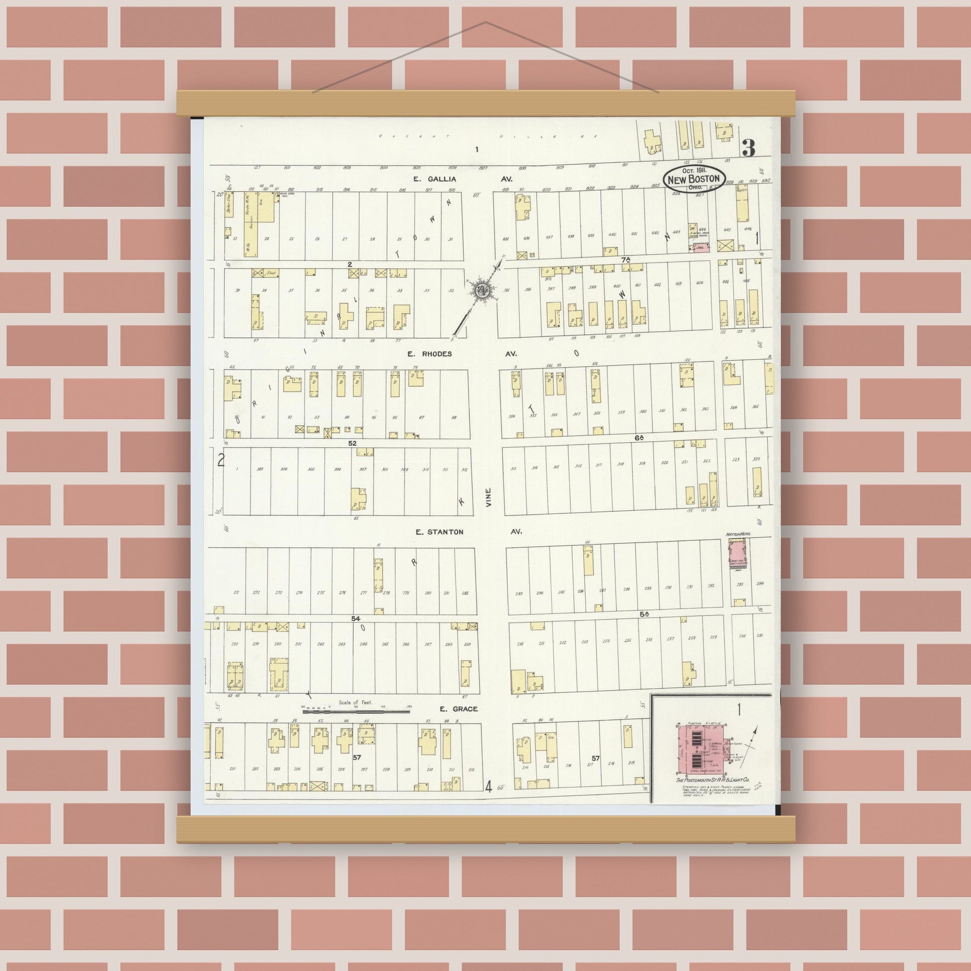Old map wall art mockup — magnetic wood frame on brick wall — Sanborn Fire Insurance Map from New Boston, Scioto County, Ohio (1911), Sheet #0003