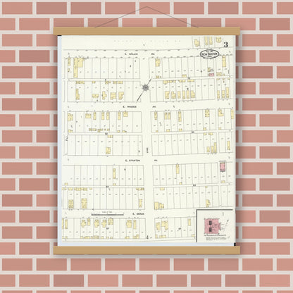 Old map wall art mockup — magnetic wood frame on brick wall — Sanborn Fire Insurance Map from New Boston, Scioto County, Ohio (1911), Sheet #0003