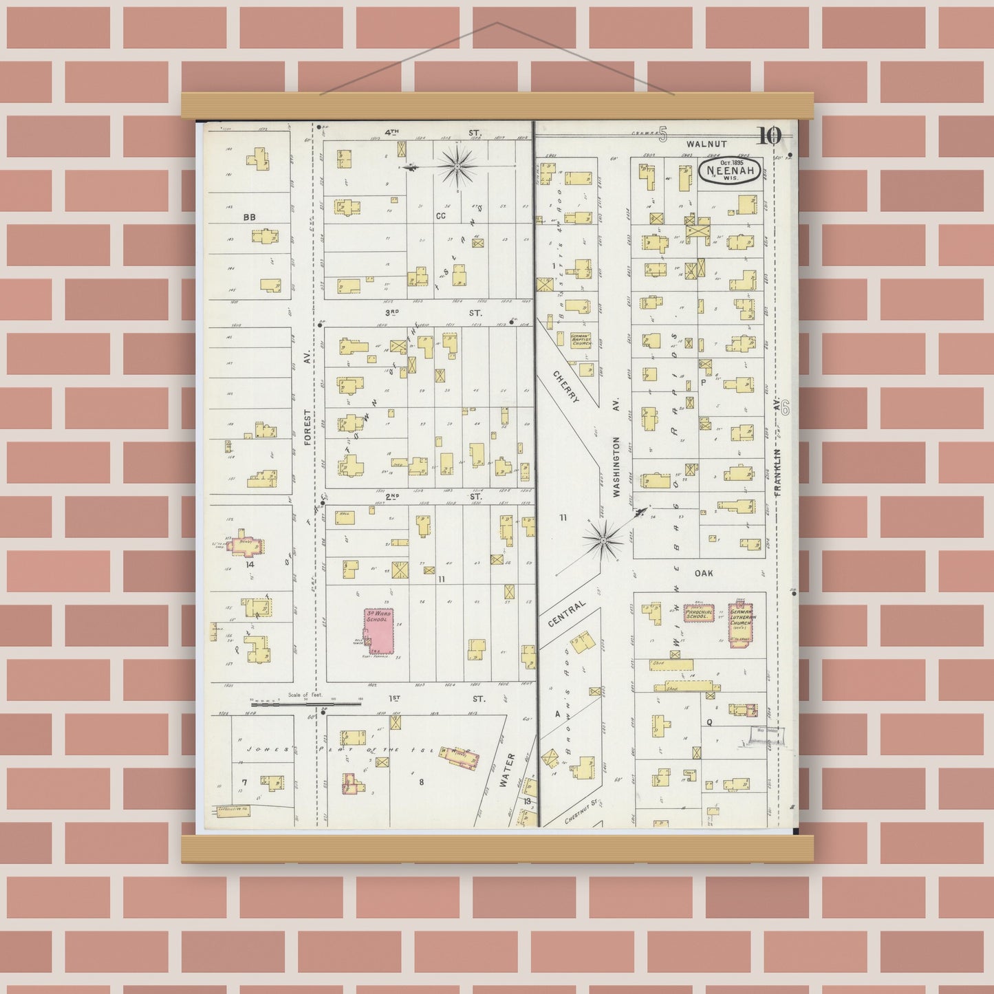 Old map wall art mockup — magnetic wood frame on brick wall — Sanborn Fire Insurance Map from Neenah, Winnebago County, Wisconsin (1895), Sheet #0010