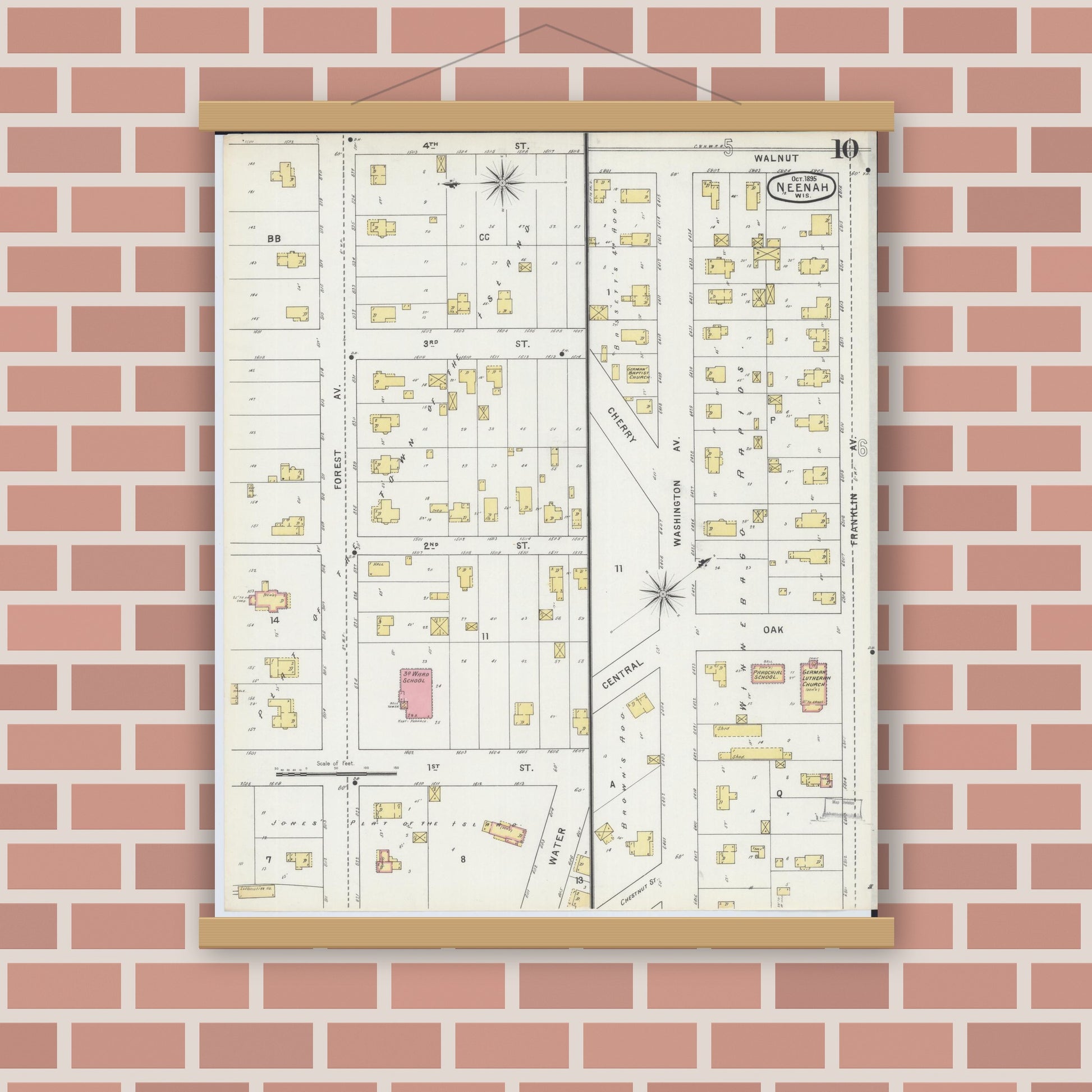 Old map wall art mockup — magnetic wood frame on brick wall — Sanborn Fire Insurance Map from Neenah, Winnebago County, Wisconsin (1895), Sheet #0010