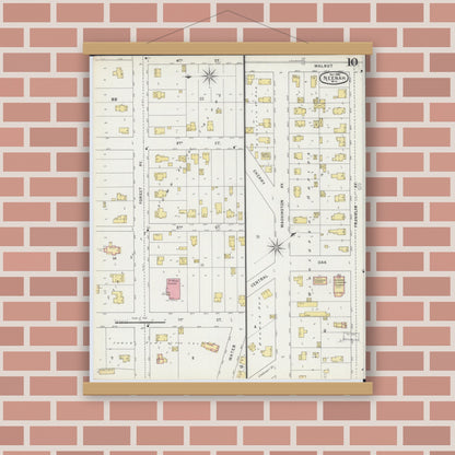 Old map wall art mockup — magnetic wood frame on brick wall — Sanborn Fire Insurance Map from Neenah, Winnebago County, Wisconsin (1895), Sheet #0010