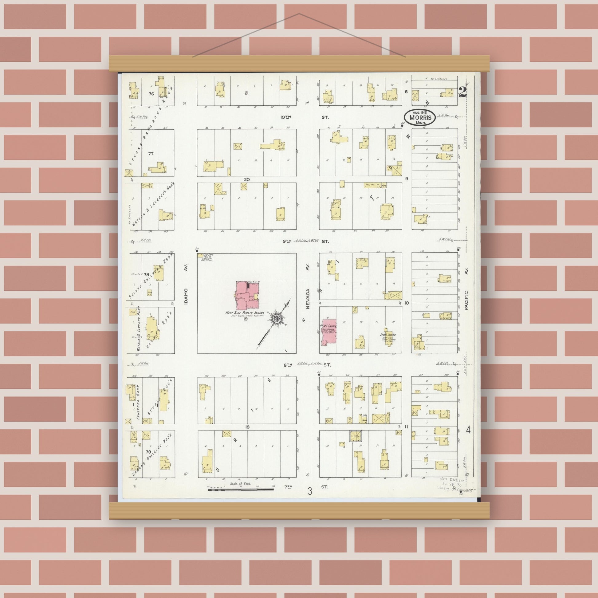 Old map wall art mockup — magnetic wood frame on brick wall — Sanborn Fire Insurance Map from Morris, Stevens County, Minnesota (1915), Sheet #0002
