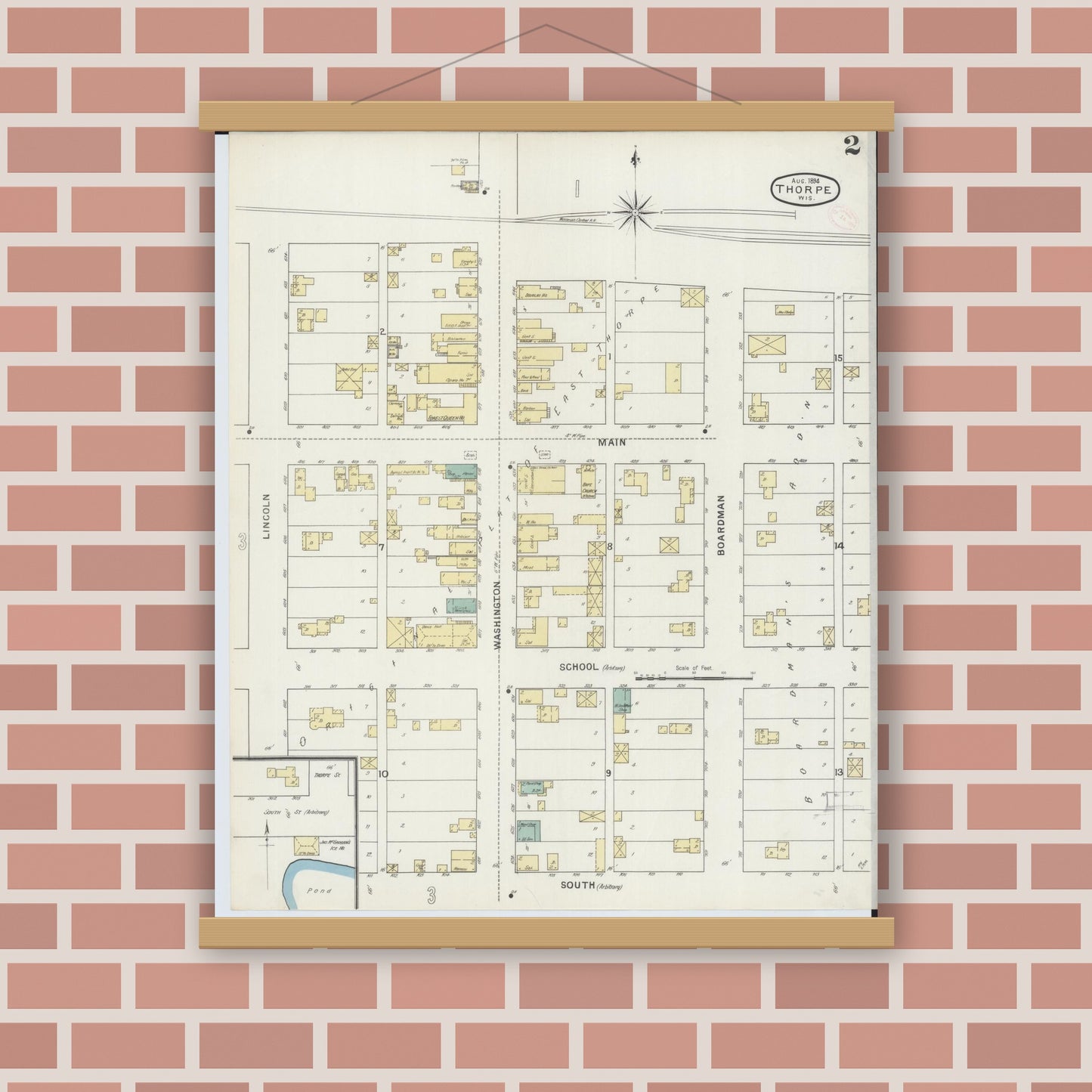 Old map wall art mockup — magnetic wood frame on brick wall — Sanborn Fire Insurance Map from Thorpe, Clark County, Wisconsin (1894), Sheet #0002