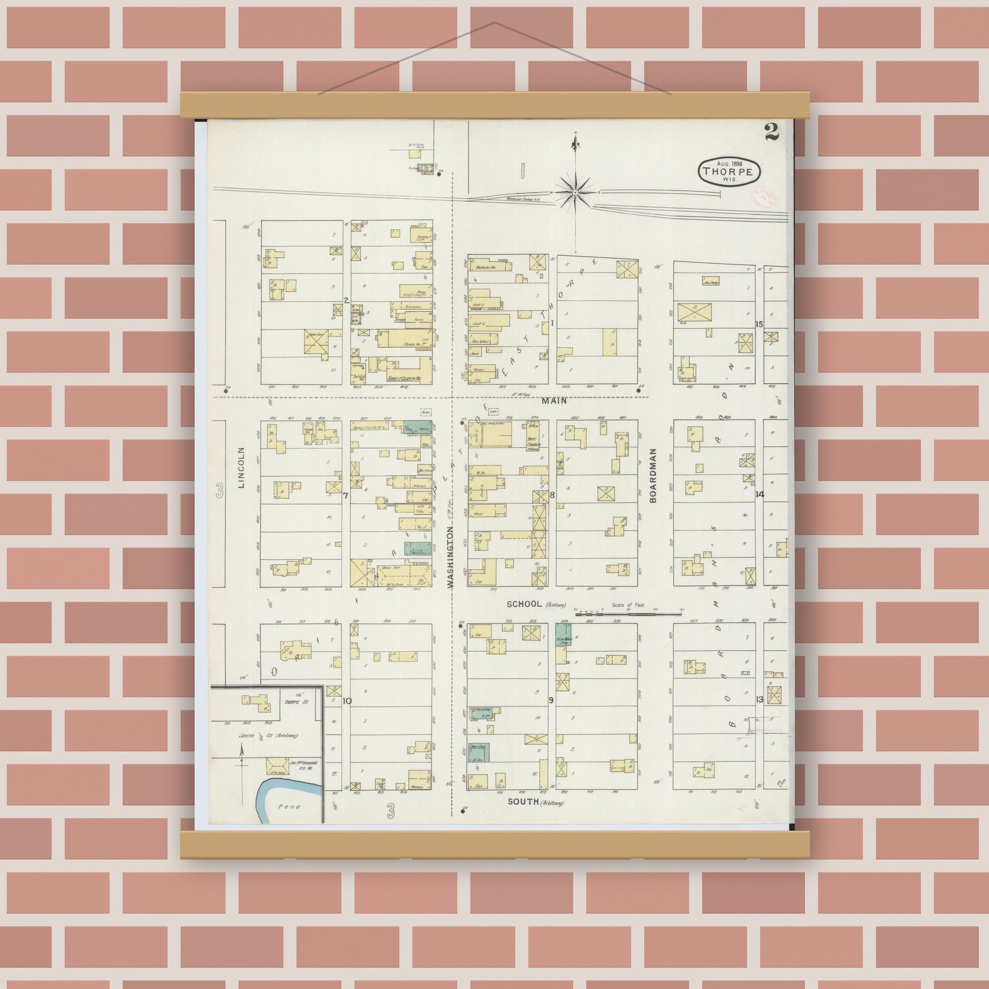Old map wall art mockup — magnetic wood frame on brick wall — Sanborn Fire Insurance Map from Thorpe, Clark County, Wisconsin (1894), Sheet #0002