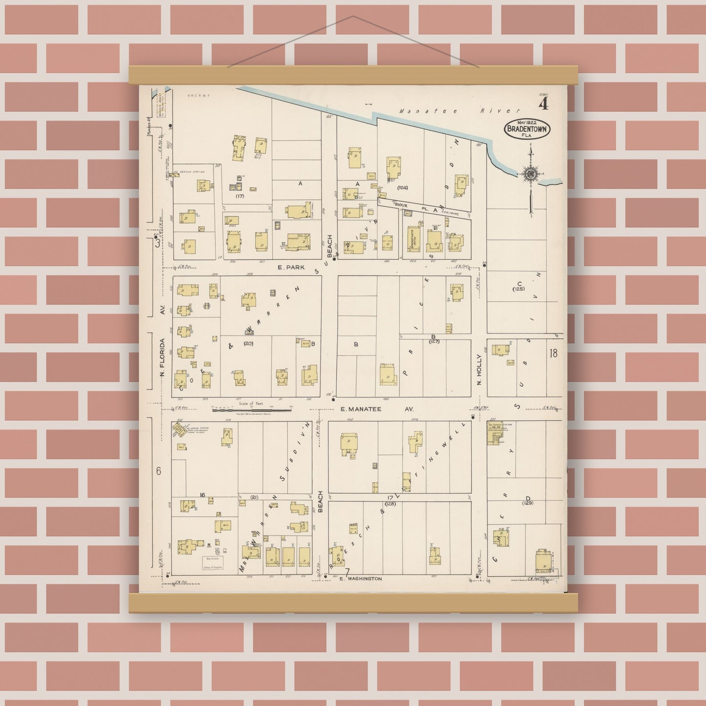Old map wall art mockup — magnetic wood frame on brick wall — Sanborn Fire Insurance Map from Bradentown, Manatee County, Florida (1922), Sheet #0004