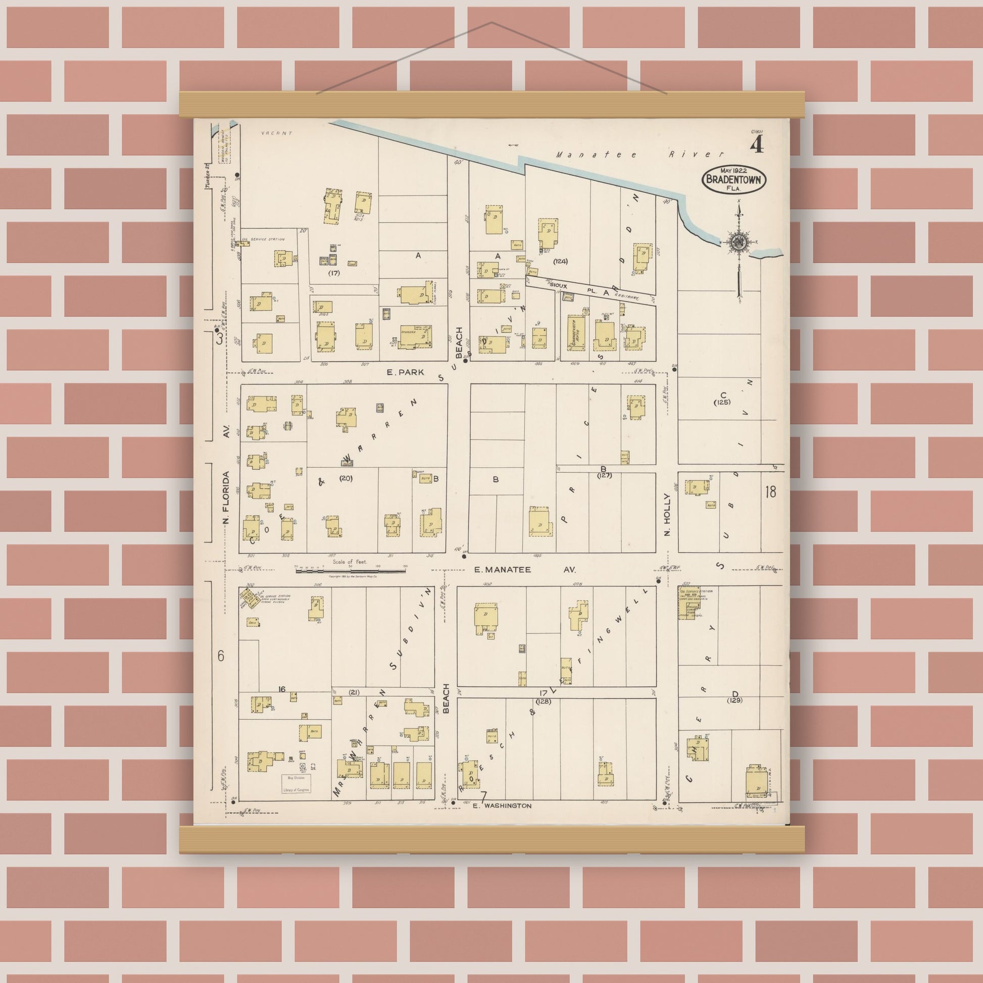 Old map wall art mockup — magnetic wood frame on brick wall — Sanborn Fire Insurance Map from Bradentown, Manatee County, Florida (1922), Sheet #0004