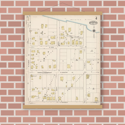 Old map wall art mockup — magnetic wood frame on brick wall — Sanborn Fire Insurance Map from Bradentown, Manatee County, Florida (1922), Sheet #0004