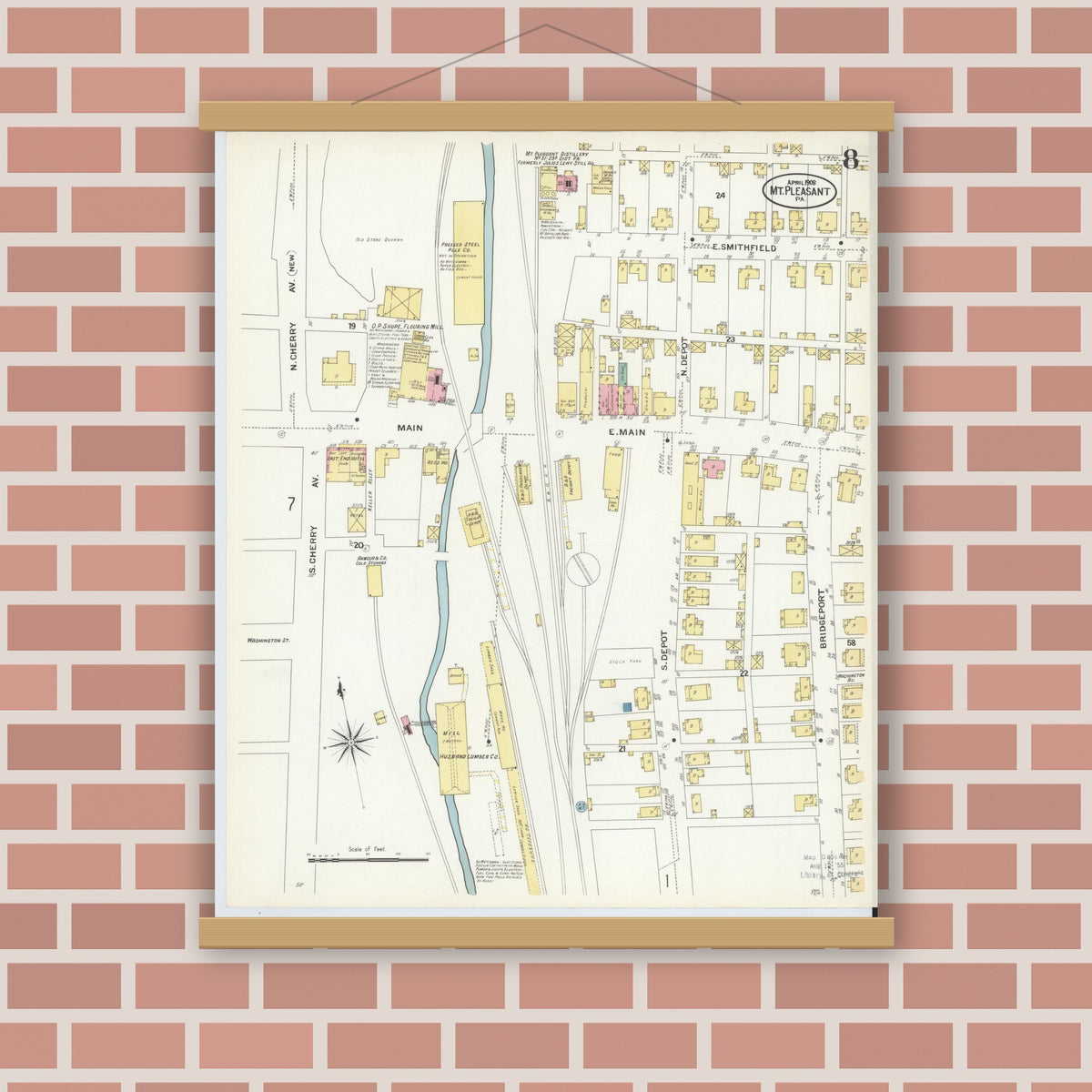Old map wall art mockup — magnetic wood frame on brick wall — Sanborn Fire Insurance Map from Mount Pleasant, Westmoreland County, Pennsylvania (1908), Sheet #0008