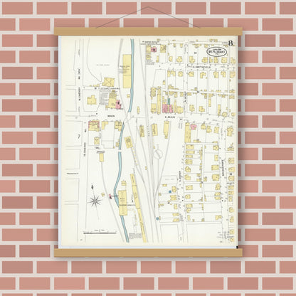 Old map wall art mockup — magnetic wood frame on brick wall — Sanborn Fire Insurance Map from Mount Pleasant, Westmoreland County, Pennsylvania (1908), Sheet #0008