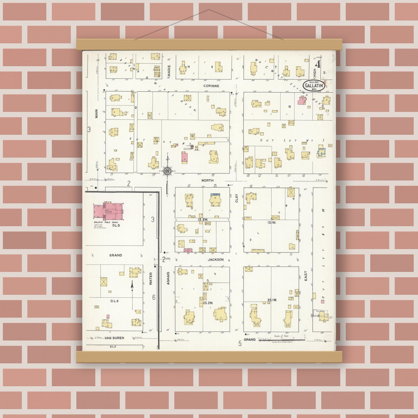 Old map wall art mockup — magnetic wood frame on brick wall — Sanborn Fire Insurance Map from Gallatin, Daviess County, Missouri (1921), Sheet #0004