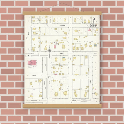 Old map wall art mockup — magnetic wood frame on brick wall — Sanborn Fire Insurance Map from Gallatin, Daviess County, Missouri (1921), Sheet #0004