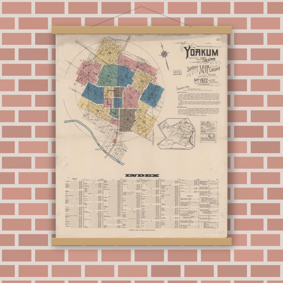 Old map wall art mockup — magnetic wood frame on brick wall — Sanborn Fire Insurance Map from Yoakum, De Witt And Lavaca Counties, Texas (1922), Sheet #0001