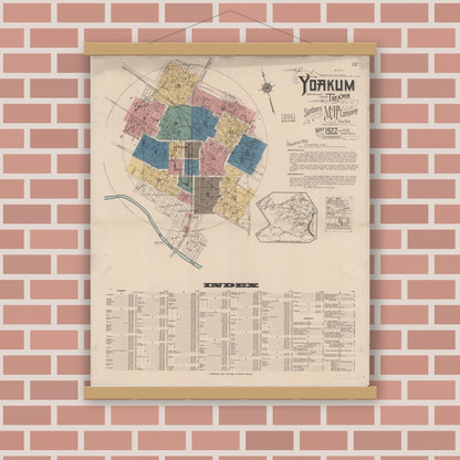 Old map wall art mockup — magnetic wood frame on brick wall — Sanborn Fire Insurance Map from Yoakum, De Witt And Lavaca Counties, Texas (1922), Sheet #0001