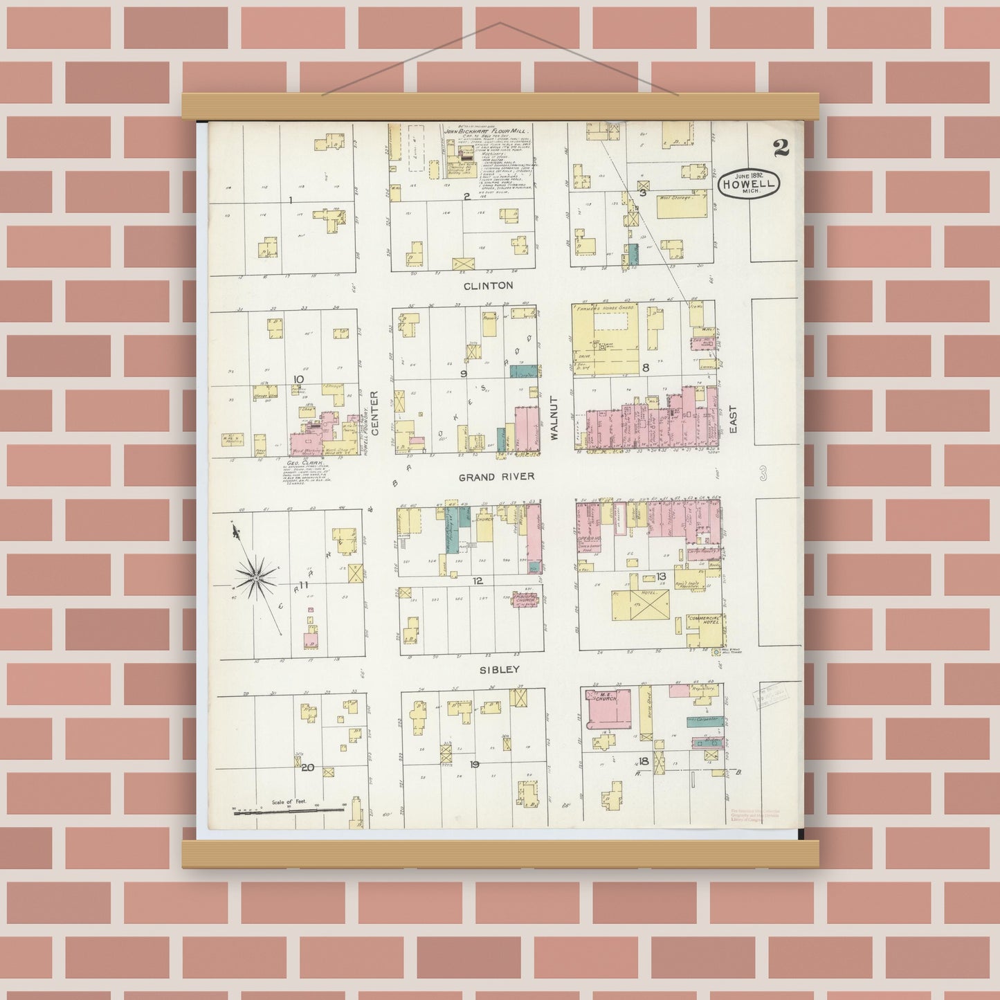 Old map wall art mockup — magnetic wood frame on brick wall — Sanborn Fire Insurance Map from Howell, Livingston County, Michigan (1892), Sheet #0002