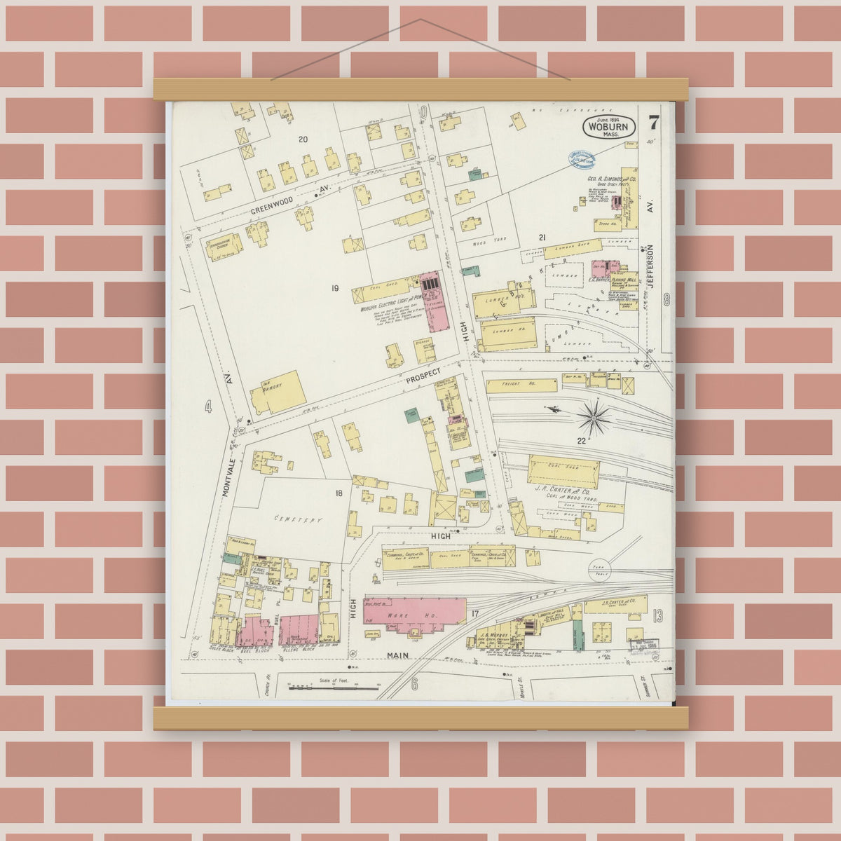 Old map wall art mockup — magnetic wood frame on brick wall — Sanborn Fire Insurance Map from Woburn, Middlesex County, Massachusetts (1894), Sheet #0007