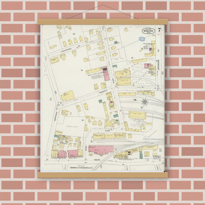 Old map wall art mockup — magnetic wood frame on brick wall — Sanborn Fire Insurance Map from Woburn, Middlesex County, Massachusetts (1894), Sheet #0007