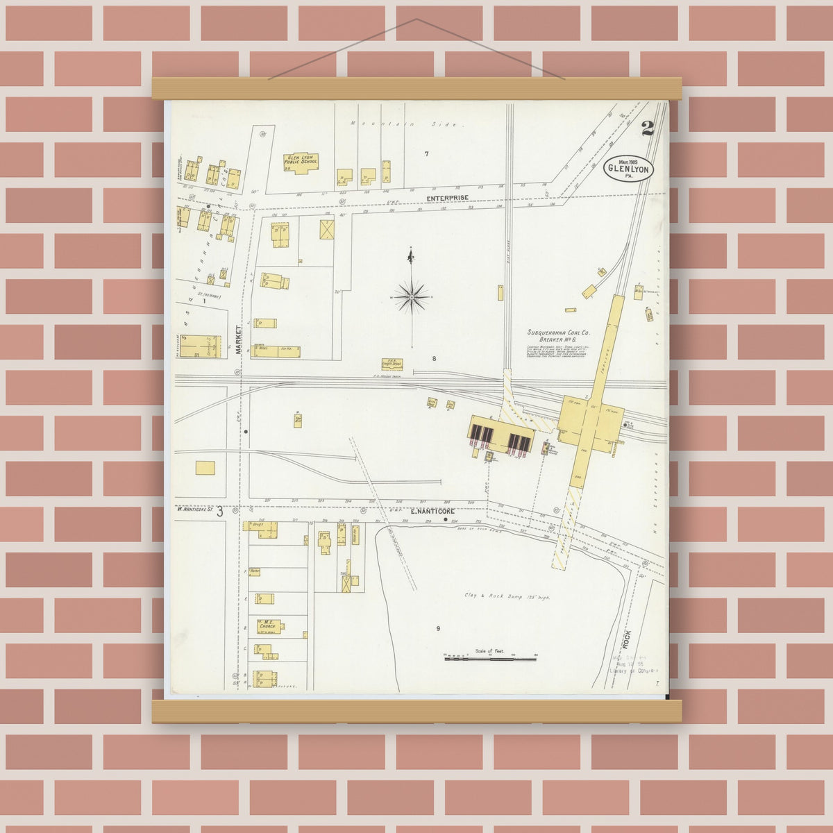 Old map wall art mockup — magnetic wood frame on brick wall — Sanborn Fire Insurance Map from Glen Lyon, Luzerne County, Pennsylvania (1903), Sheet #0002