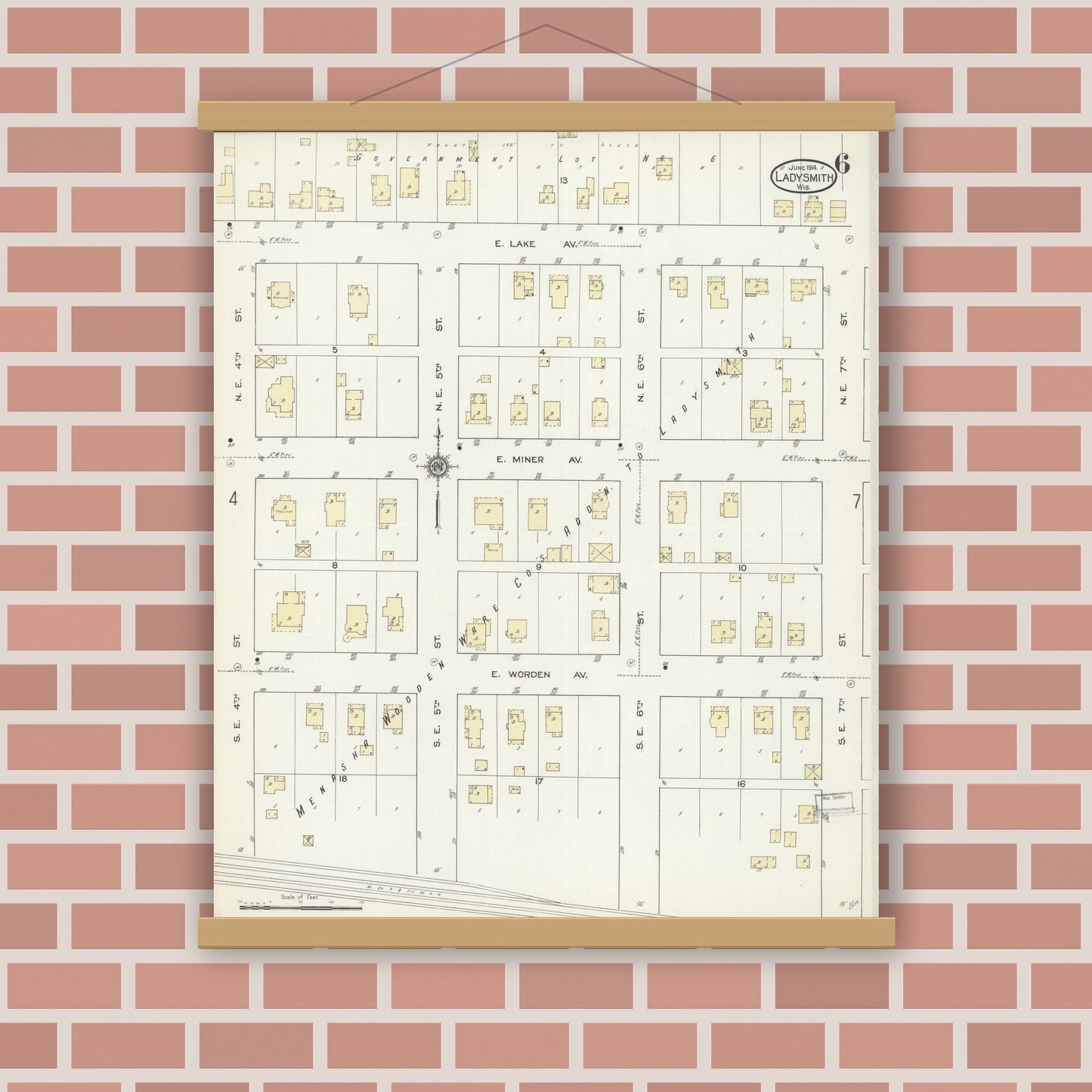 Old map wall art mockup — magnetic wood frame on brick wall — Sanborn Fire Insurance Map from Ladysmith, Rusk County, Wisconsin (1914), Sheet #0006