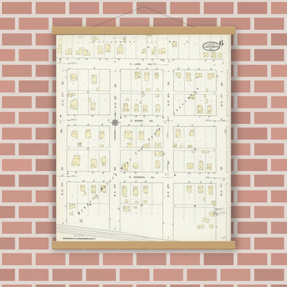 Old map wall art mockup — magnetic wood frame on brick wall — Sanborn Fire Insurance Map from Ladysmith, Rusk County, Wisconsin (1914), Sheet #0006