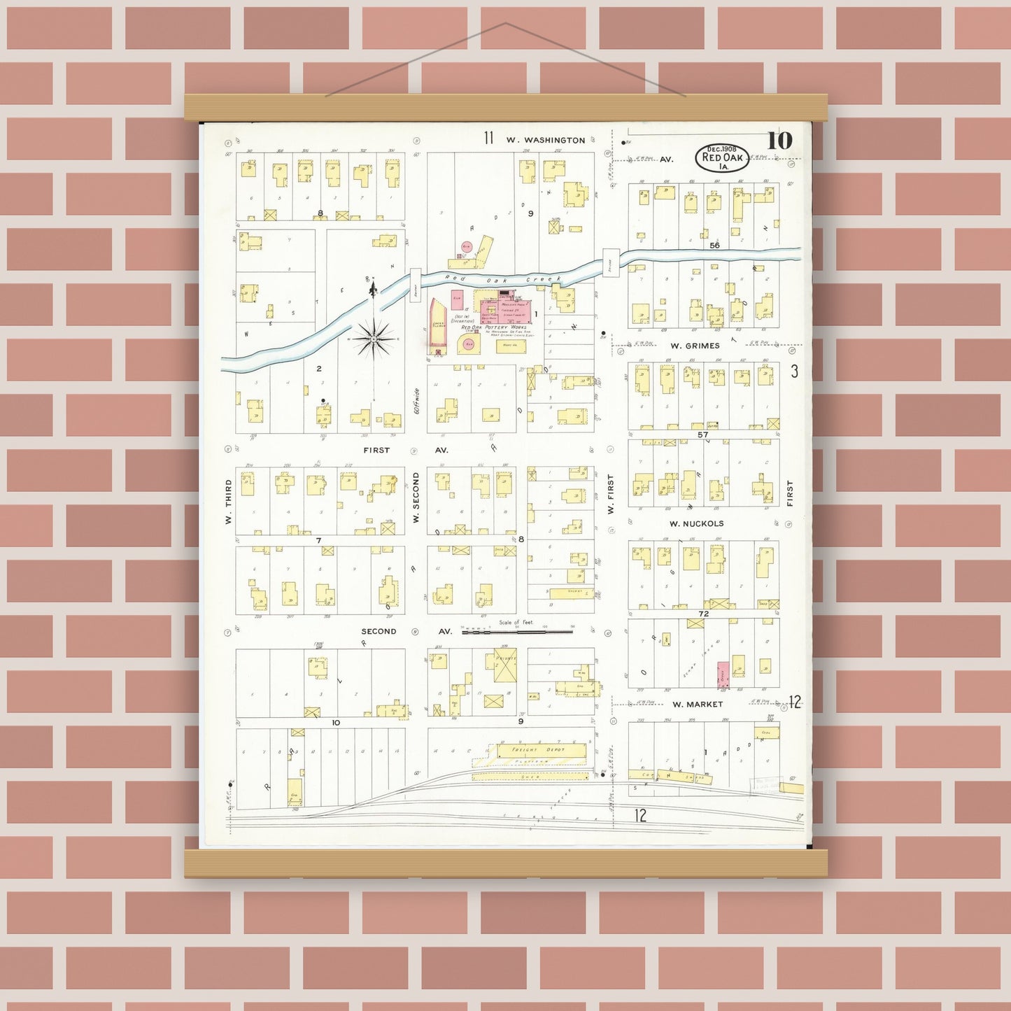 Old map wall art mockup — magnetic wood frame on brick wall — Sanborn Fire Insurance Map from Red Oak, Montgomery County, Iowa (1908), Sheet #0010