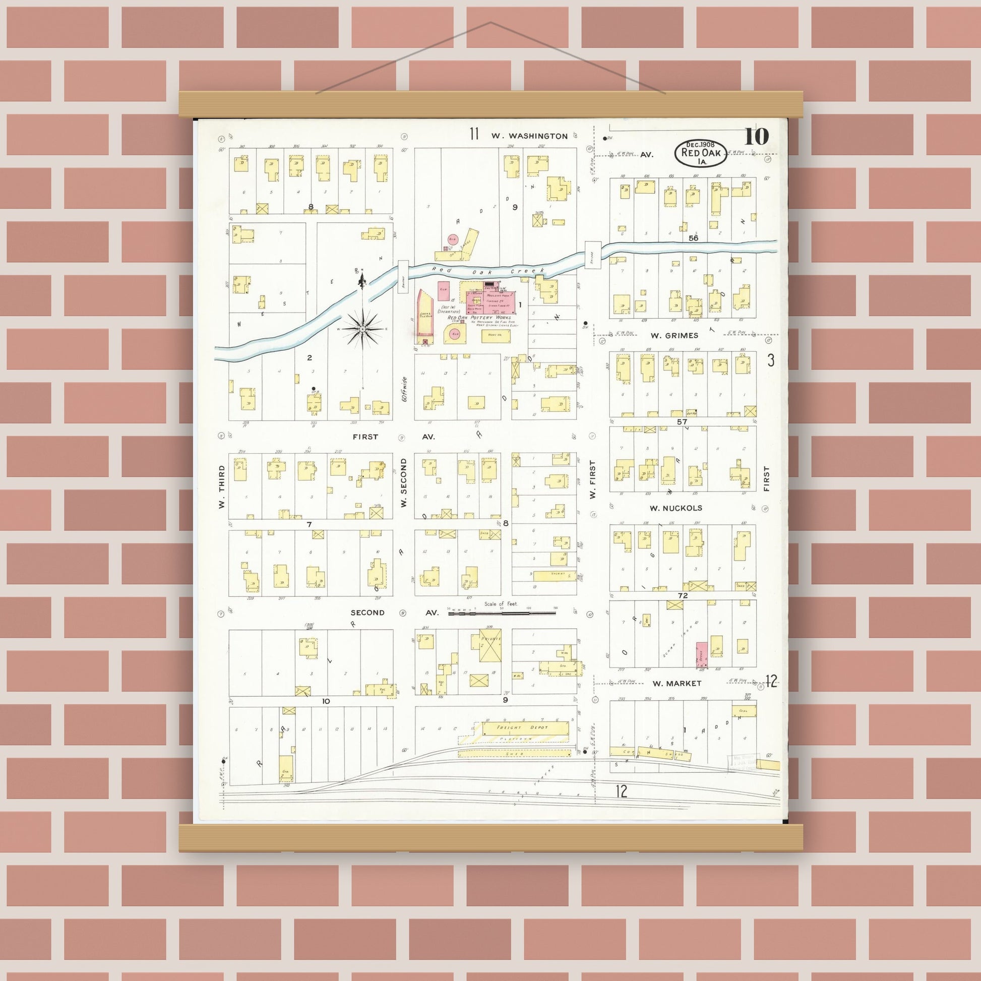 Old map wall art mockup — magnetic wood frame on brick wall — Sanborn Fire Insurance Map from Red Oak, Montgomery County, Iowa (1908), Sheet #0010
