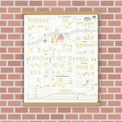 Old map wall art mockup — magnetic wood frame on brick wall — Sanborn Fire Insurance Map from Red Oak, Montgomery County, Iowa (1908), Sheet #0010