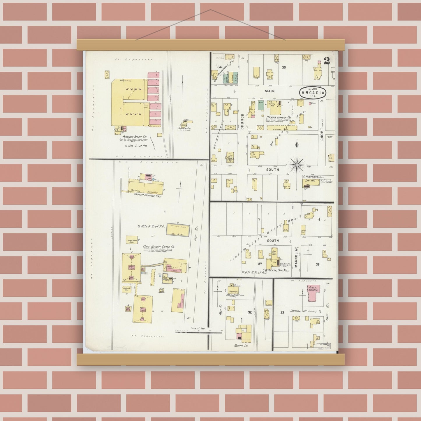 Old map wall art mockup — magnetic wood frame on brick wall — Sanborn Fire Insurance Map from Arcadia, Hamilton County, Indiana (1896), Sheet #0002