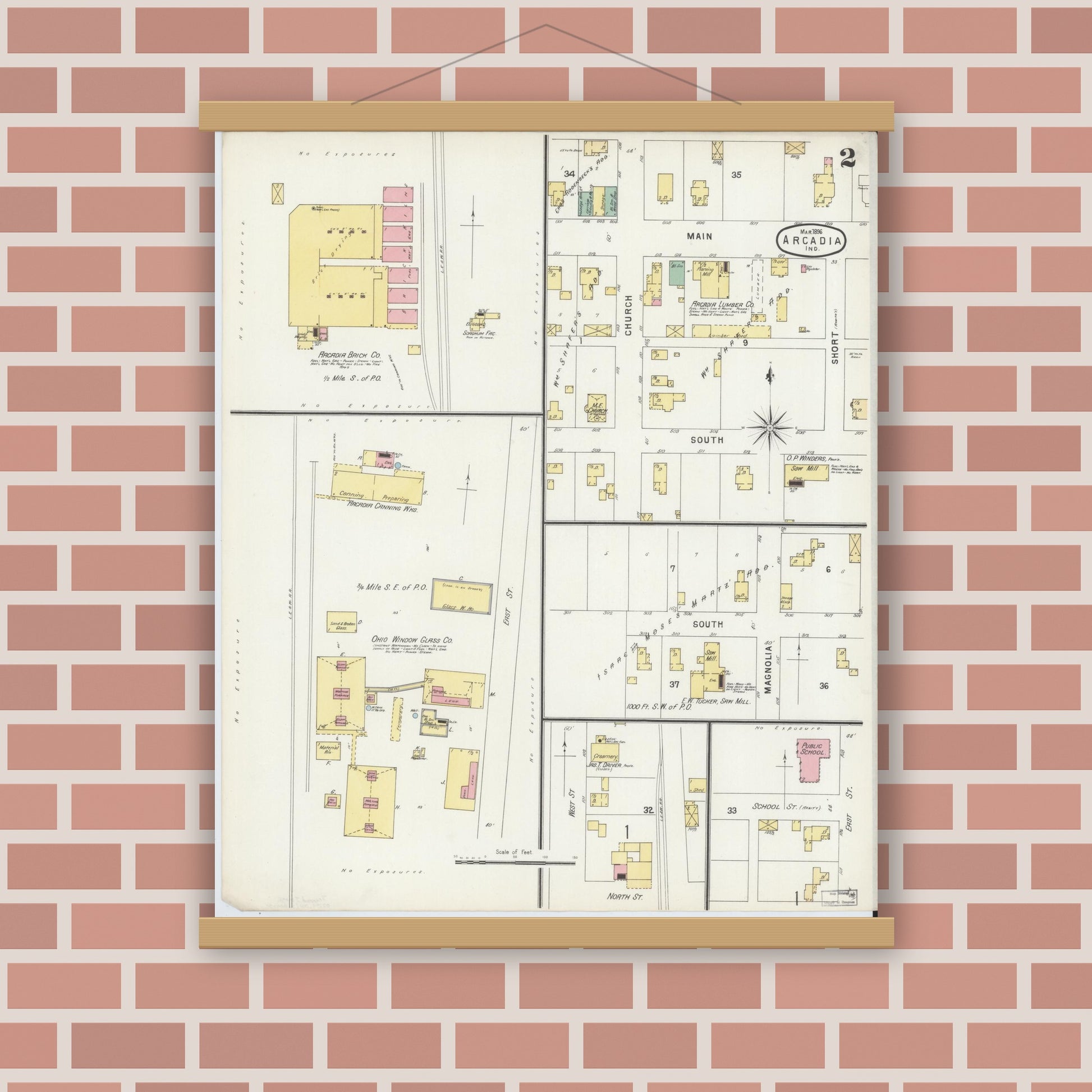 Old map wall art mockup — magnetic wood frame on brick wall — Sanborn Fire Insurance Map from Arcadia, Hamilton County, Indiana (1896), Sheet #0002
