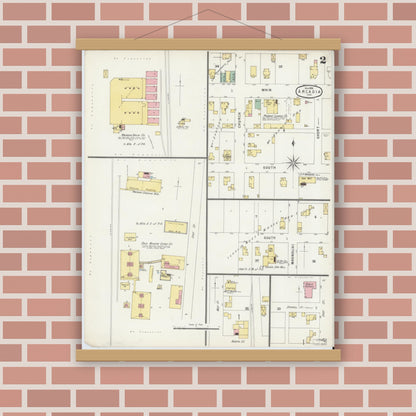 Old map wall art mockup — magnetic wood frame on brick wall — Sanborn Fire Insurance Map from Arcadia, Hamilton County, Indiana (1896), Sheet #0002